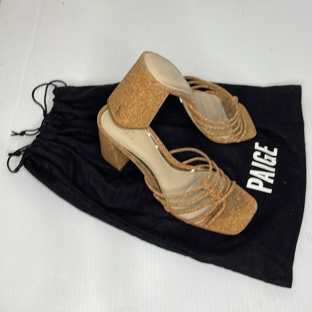 Paige Becca Block Heel Sandal Size 8 Tan Knot Strap Upper Gold Specs - Picture 14 of 14